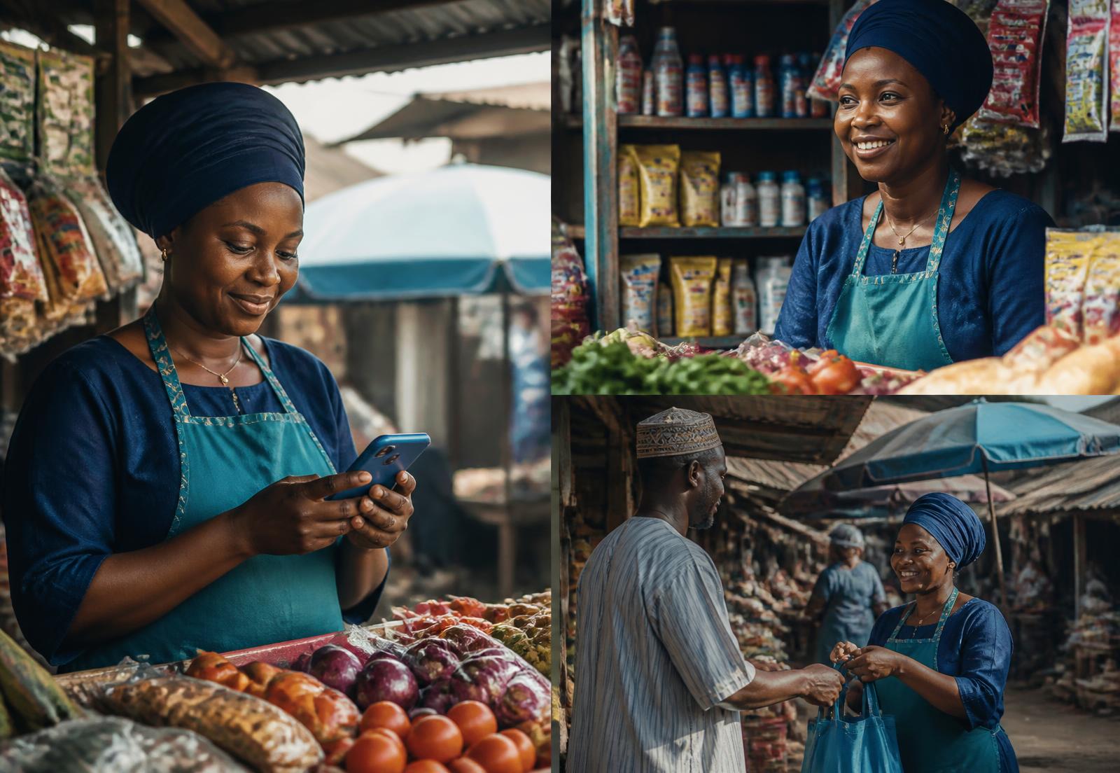 Personal shoppers selecting groceries and packaged goods at a local market